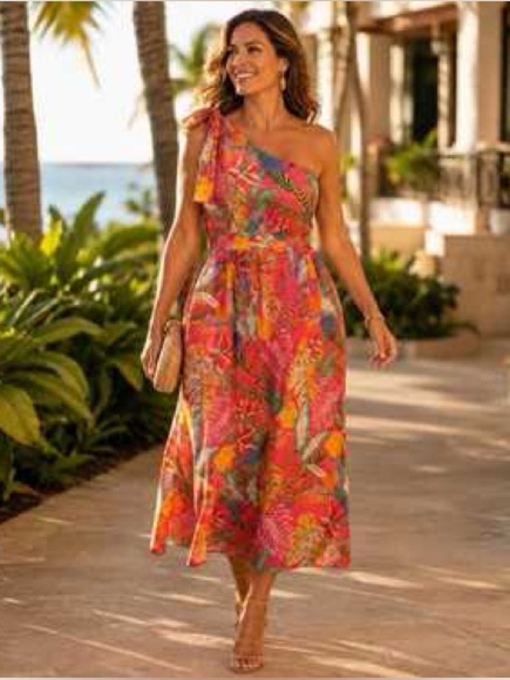 Vibrant Tropical One-Shoulder Dress